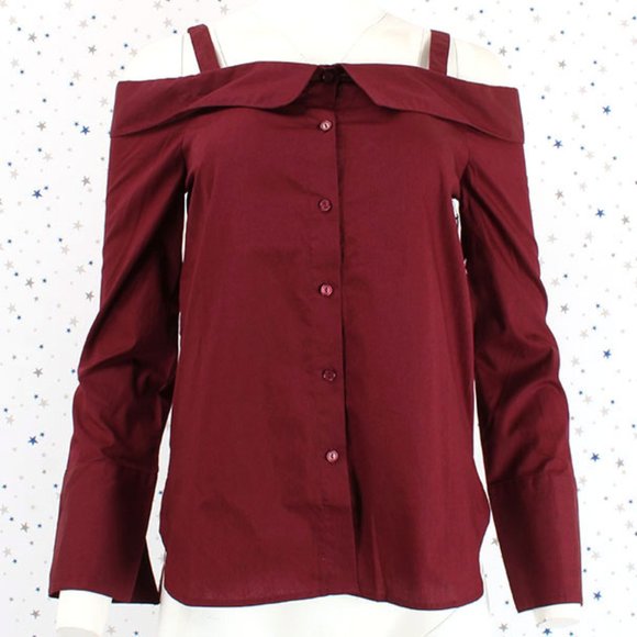 Burgundy Strap Off the Shoulder Button Up Shirt Top - Picture 2 of 8